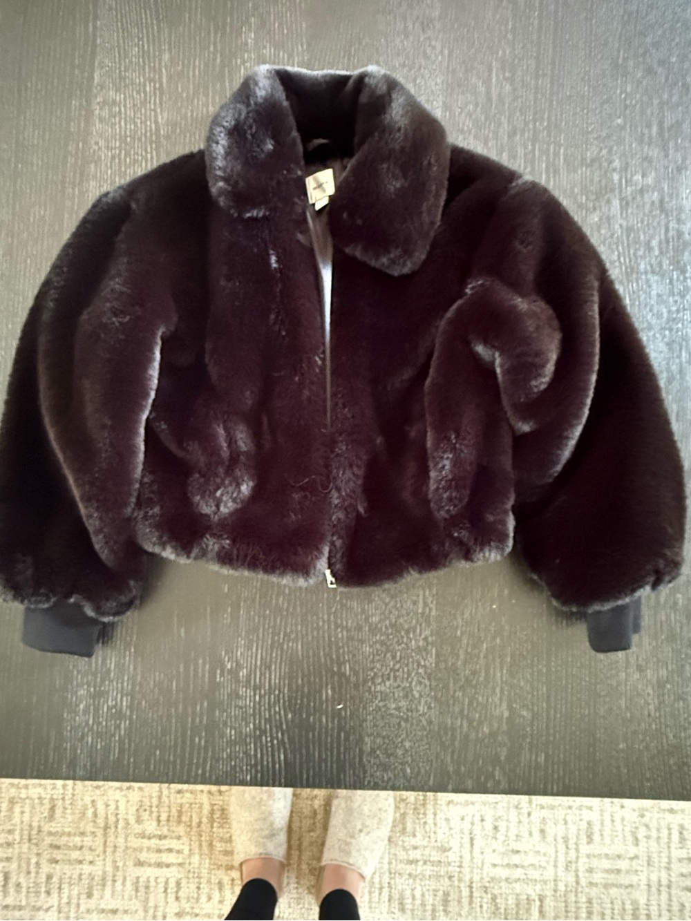 Maeve Black Plush Faux-Fur Bomber Jacket